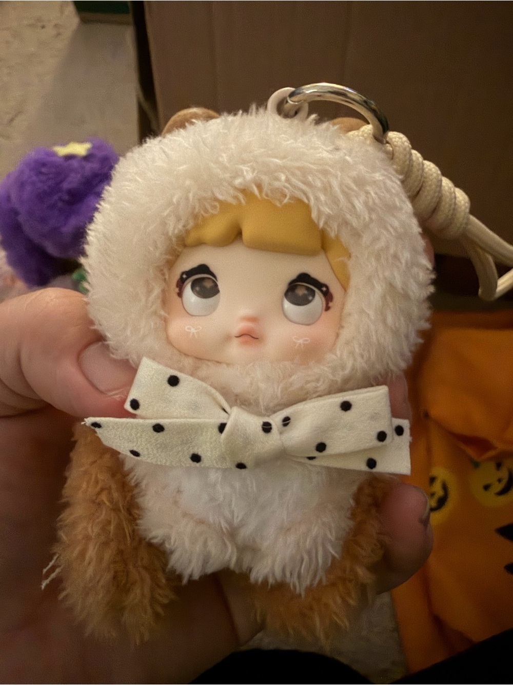 Plush Doll Keychain with Polka Dot Bow - White, Cream, Tan